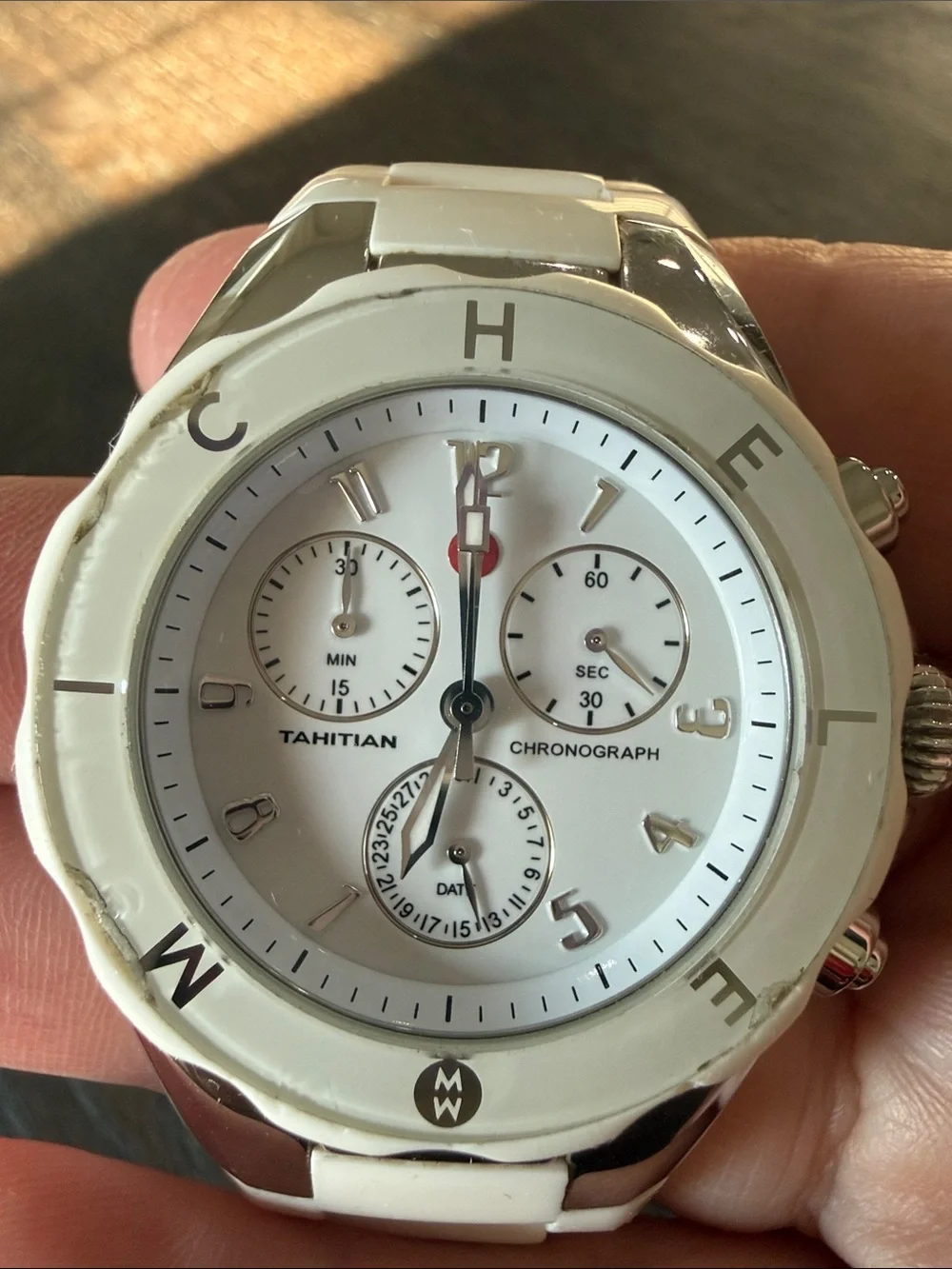 Michele White Silicone Tahitian Chronograph with Red Crown Accent